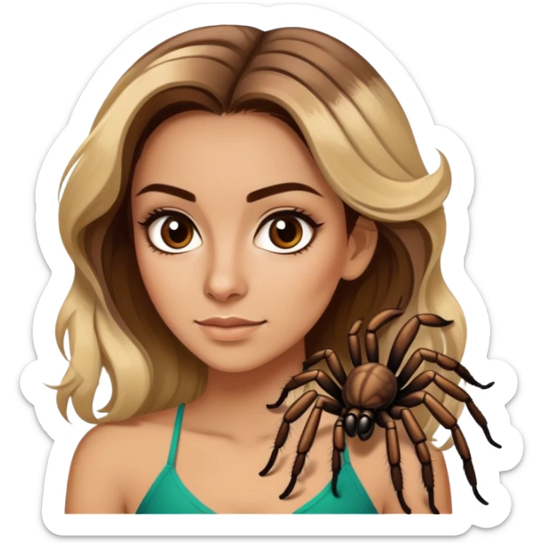 Attractive Mexican woman in her 20s with brown hair with a little blonde highlights, with a tarantula sticker