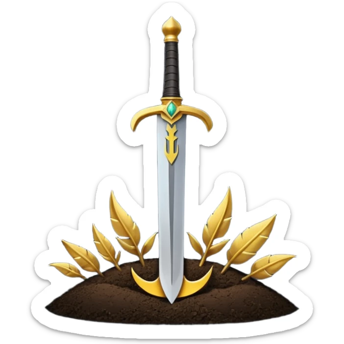 Minimalist emoji of a single upright sword planted into the ground with a glowing crescent rising behind it, representing inner discipline, Islamic strength, and the start of a new chapter. Flat icon style, transparent background sticker