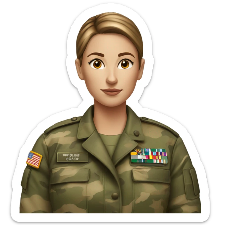 White freckled Woman in camo military uniform , brown hair, sleek hair bun sticker