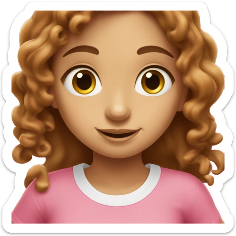 A girl with long brown curly hair and brown eyes. Eating sinabon in a pink T-shirt. sticker