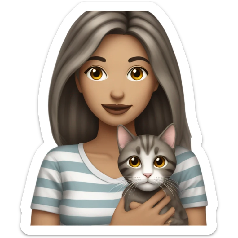 Beautiful brown haired tattooed woman holding gray and white striped long hair cat sticker