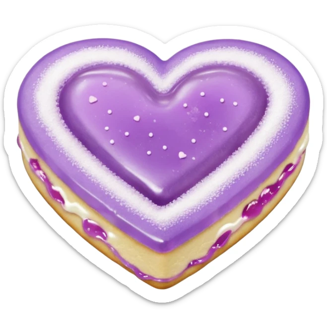 Realistic shortbread cookie in the shape of a heart with pale lilac color jelly middle filling and sprinkled powder sugar on top. sticker