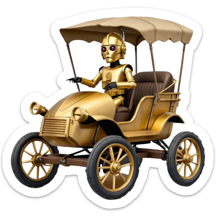 Old American West tarnished underglow C-3PO bounty hunter 1854 delicately ornate rosegold accents painted dune buggy buckboard wagon powered by electric motors and batteries with safety and belts flying rapidly roughening terrain stable on strong agile advanced cantilever suspension and steering sticker