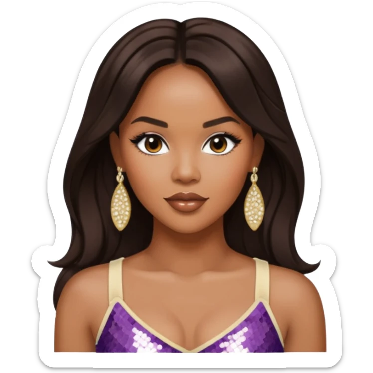 LeToya Luckett with long dark brown hair, ivory sequin crop top, ivory earring sticker