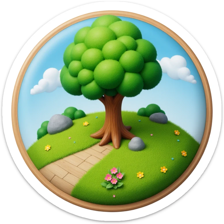 round logo of a tree with grass, skeuomorphic style, glossy, detailed, dimensional, pre-2010 icon style sticker