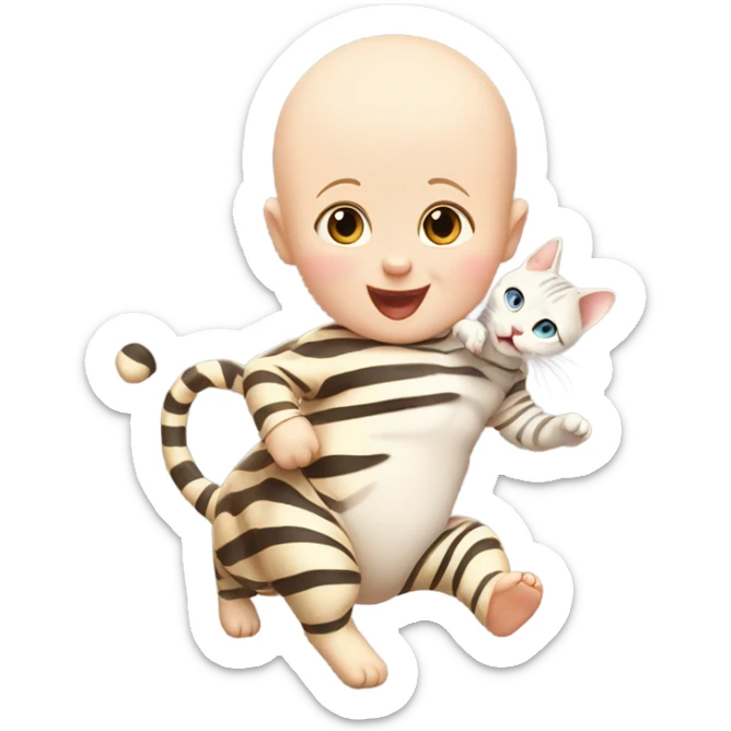 bald white baby with its arms in the air riding on a striped cat that's running and at least as big as the baby even a little bigger sticker