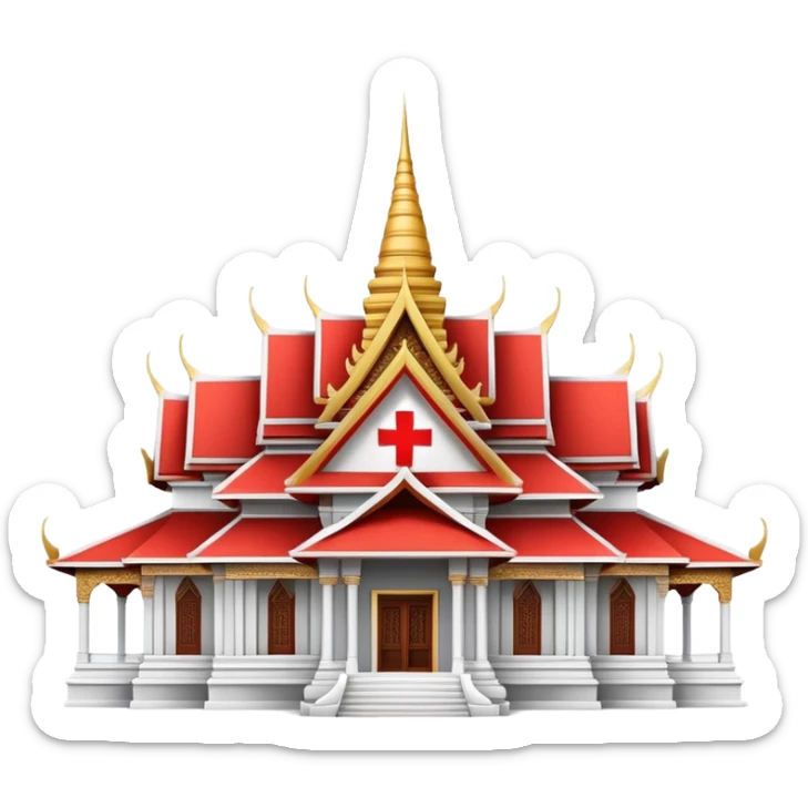 Traditional Thai hospital with pointed roof architecture, red cross symbol, ornate details, with traditional Thai architectural elements sticker