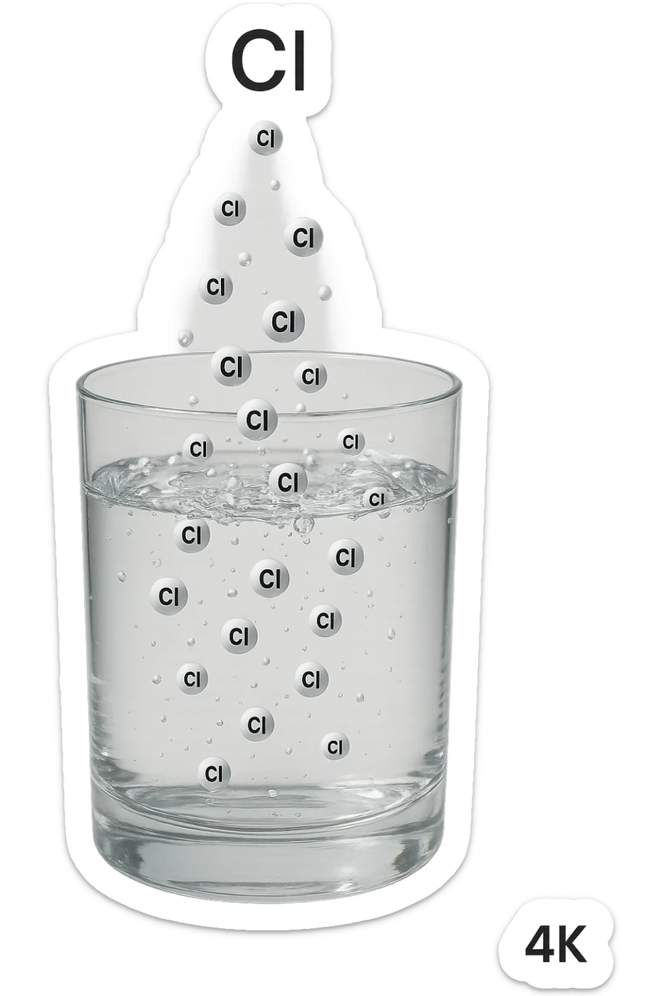 un bicchiere di acqua fluttua in aria realistico e dettagliato, dentro l'acqua del bicchiere ci sono particelle di cloro ben visibili con la scritta "Cl" sopra, ci sono particelle anche che escono dal bicchiere e fluttuan
o in aria verticalmente, mentre alcune sono all'interno dell'acqua nel bicchiere, iperrealistico 4k sticker