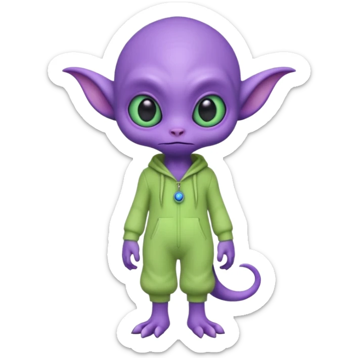 full body cute peacefull alien furry with 2 legs and eye stalks stands upright and looks intelligent ...wears clothing. not green..looks happy and cudly... doesnt have eyes on face, there is a stalk coming from top of head with a single large eye sticker