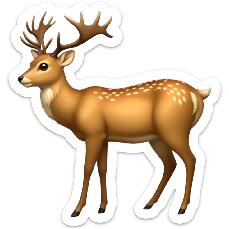 cinematic-[deer]-realistic-full-body-standing on all fours-emoji,-tail-tucked-close,-head-tilted-dramatically,-sleek-[fawn]-fur,-simplified-yet-realistic-focused-features,-highly-detailed,-glowing-with-an-almost-sarcastic-glow big antlers sticker