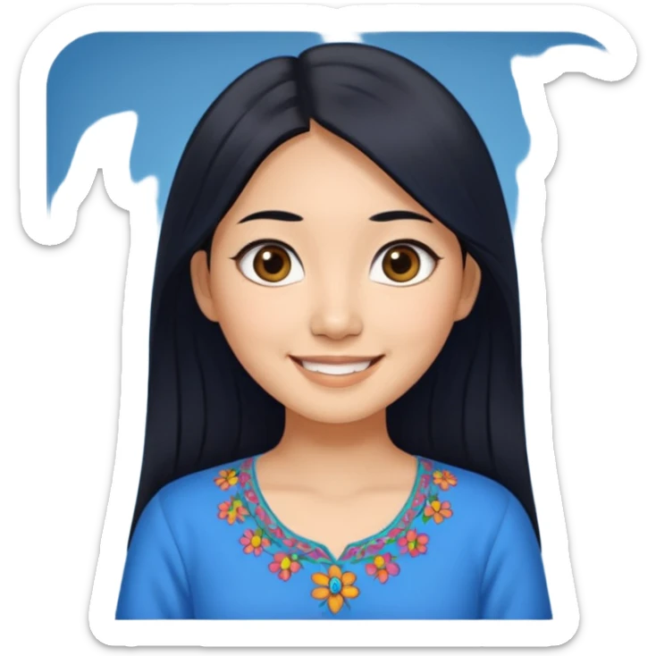 30 yr old asian woman center parted hair big eyes big smile tanned skin straight black hair hippie part hair blue blouse sticker