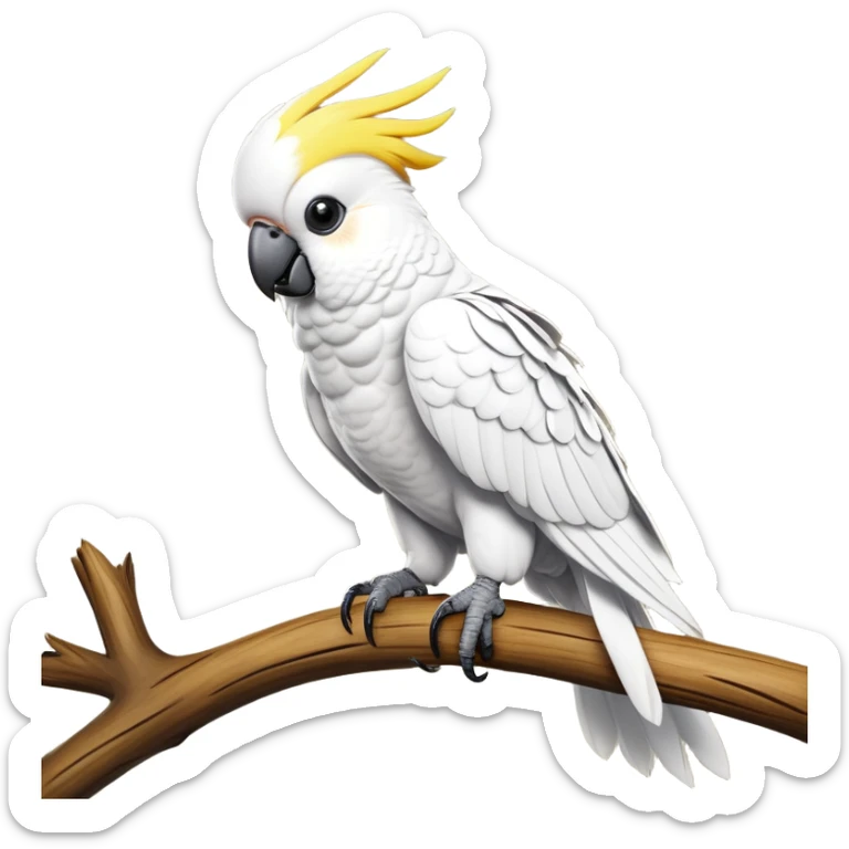 cinematic-cockatoo-realistic-full-body-perched-emoji,-sleek-white-feathered-body-balanced-on-a-branch,-vibrant-yellow-crest-raised-in-expressive-alertness,-sharp-black-beak-slightly-open-as-if-mid-call,-piercing-dark-eyes-observing-with-cheeky-intelligence,-delicate-talons-gripping-the-wood-firmly,-simplified-yet-realistic-focused-features,-highly-detailed,-glowing-with-a-soft-sunlit-hue sticker