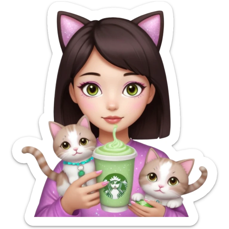 asian girl with short dark brown hair and dark brown eyes with a soft girl pink glowup aesthetic, matcha latte, 2 light brownragdoll cats, and sparkles, makeup, and money. more sparkles sticker