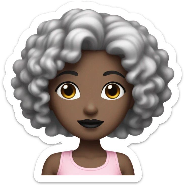 white skin girl has black curly hair with black lipstick and pink top sticker