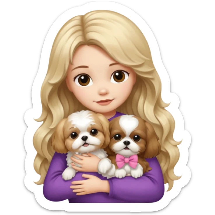 a girl with long, wavy brunette hair hugging a Shih Tzu with blonde fur and a cute bow sticker