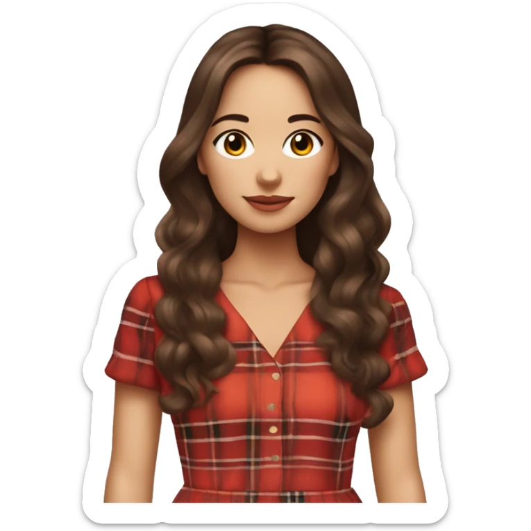 Pretty peach skin brunette woman with long hair and rosy cheeks in red plaid babydoll dress sticker