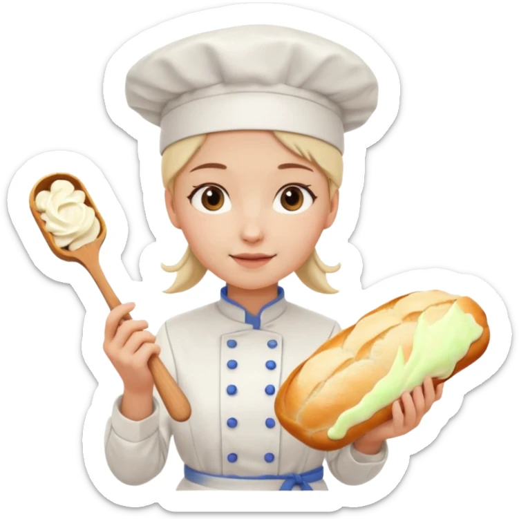 Young female baker - white chef hat, holding cream piping bag to milk oil on bread sticker