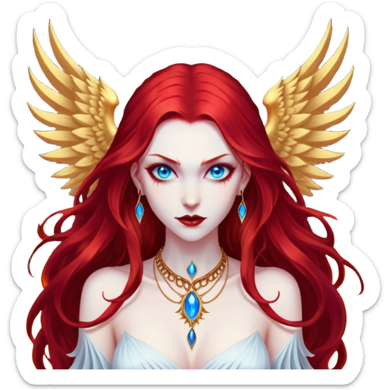 half body portrait of an extremely diabolical girl with pale white skin, massive towering wings, very long flowing blood red hair, glowing blue eyes, black hellfire aura, no horns, evil grin, gold necklace sticker