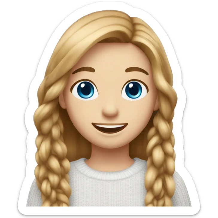  girl with long straight light-brown hair, blue eyes, wearing a white knitted top, ((cheerful, laugh)) sticker