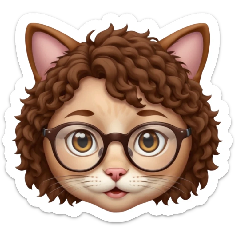 character with brown curly hair, doe eyes, white skin, cat eye glasses, alternate expression sticker