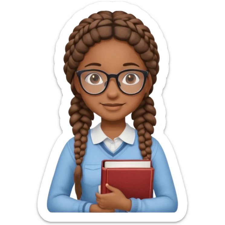 A student, girl, brown skin, braid hair, wearing glasses, hold book in front of their chest sticker