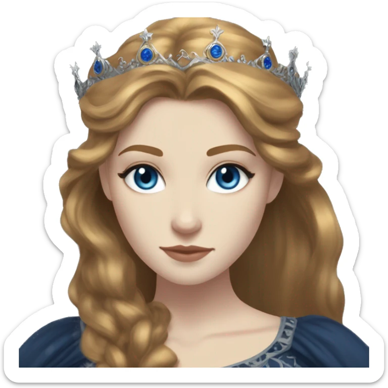 Feyre has pale skin, golden-brown hair and blue-grey eyes. She has a dark blue dress on with a silver crown sticker