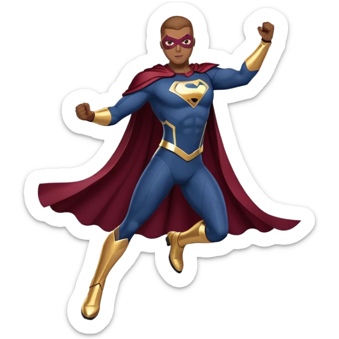 superhero in dark blue and maroon bodysuit with gold accents, digital cape, maroon boots, dynamic pose sticker