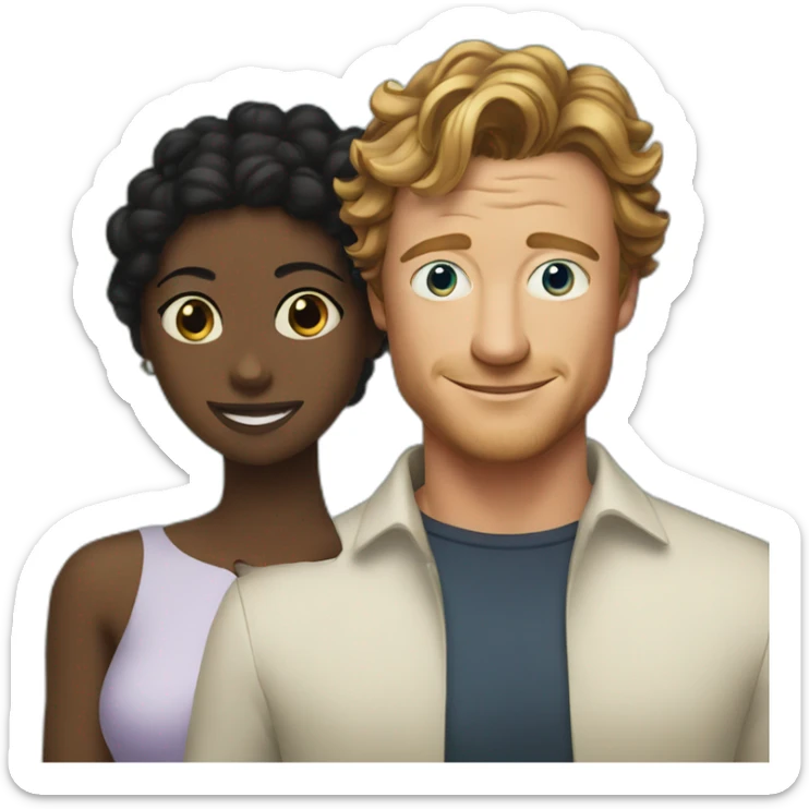 Simon Baker with blue eyes hug a black girl brown eyes and sblack hair in a bun sticker