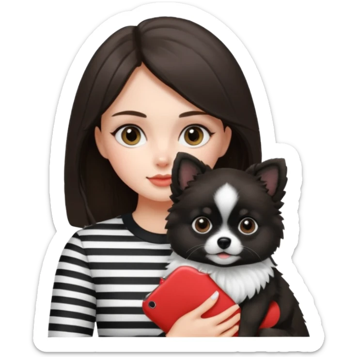 an brunette hair girl holding her black and white pomeranian dog that has white middle part in the face kinda looks like a panda sticker