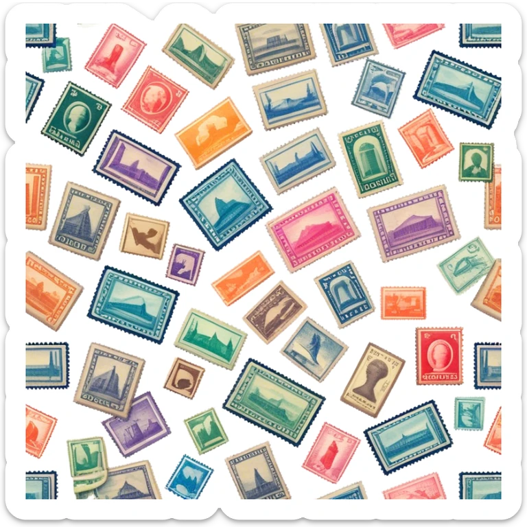 Icon for Stamp Collecting: a large stamp block in the center and a collection of vintage and colorful stamps arranged in an album or on a desk, with showcasing different themes. The icon should reflect the charm and history of philately. Transparent background. sticker