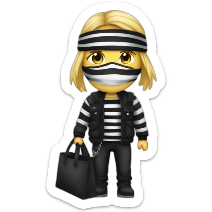 robber with semi long blonde hair wearing a black beanie and a long sleeved white and black horizontally striped t-shirt and wearing black eye mask and a bag of money in his shoulder sticker