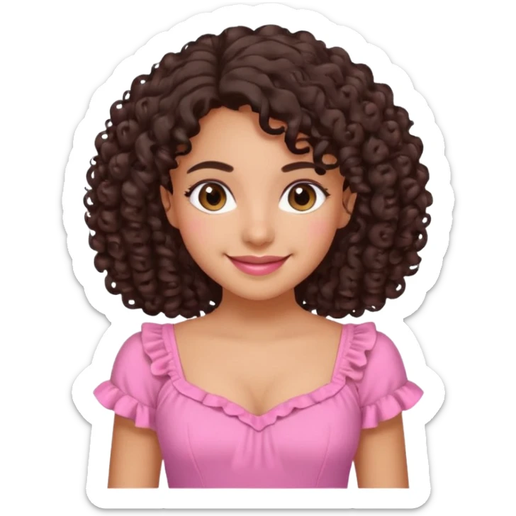 An emoji of a Latina girl with curly hair and a cute smile, she's wearing a pink dress, her name is ellazulis. sticker