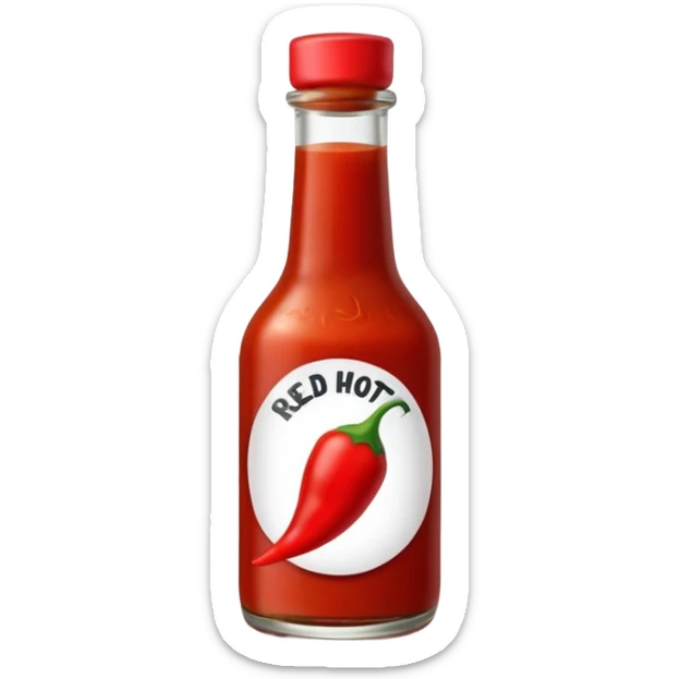 glass bottle of red hot sauce with small chili icon on label sticker