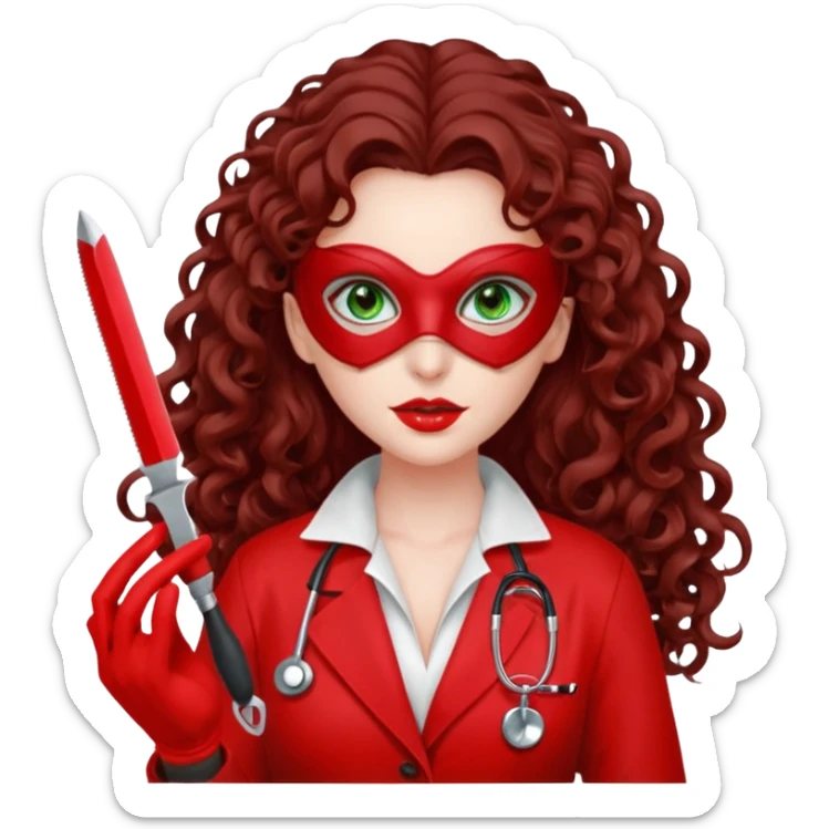 Lilith sexy evil woman. She has green eyes.  had brown long curly hair.  evil surgeon kills with scalpel wears red sexy doctor coat with red long mouth cover red gloves.  sticker