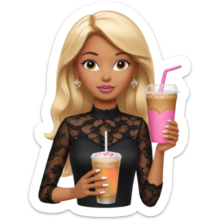 brown skin blonde barbie wearing black lace shirt with iced latte with long French tip nails sticker