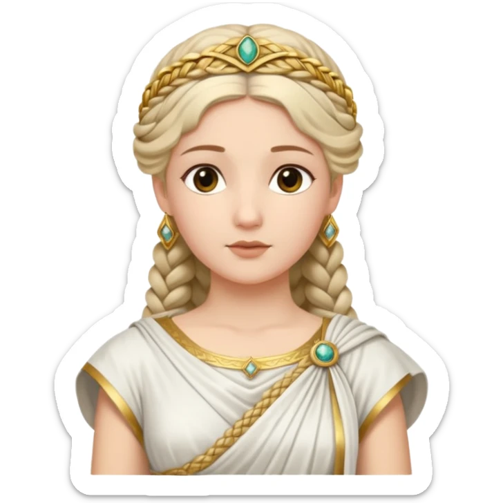 An emoji portrait of an ancient Roman princess. She wears a white stola dress with a gold-trimmed palla draped over her shoulders. She has an intricate braided hairstyle adorned with a delicate gold diadem. Her expression is calm and dignified. sticker
