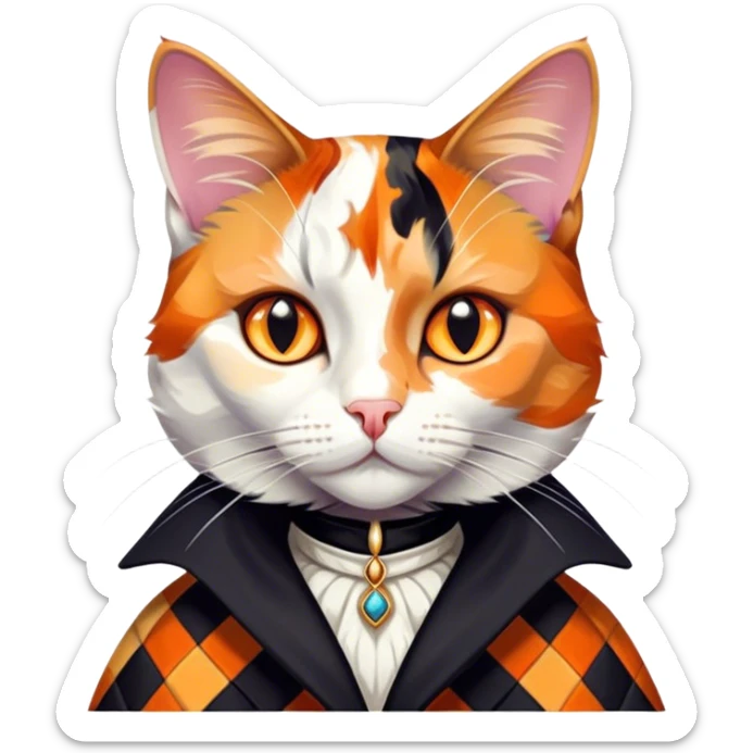 Cinematic Noble Calico Cat Portrait Emoji, Poised and regal, with a striking patchwork coat in vibrant orange, black, and white hues, delicate whiskers and a refined, focused gaze, simplified yet exquisitely detailed, glowing with a soft, moonlit radiance and an air of aristocratic elegance, high shine, exuding dignified intelligence and poised authority, soft glowing outline, capturing the essence of a watchful and noble calico cat that appears ready to grace the screen with effortless majesty! sticker