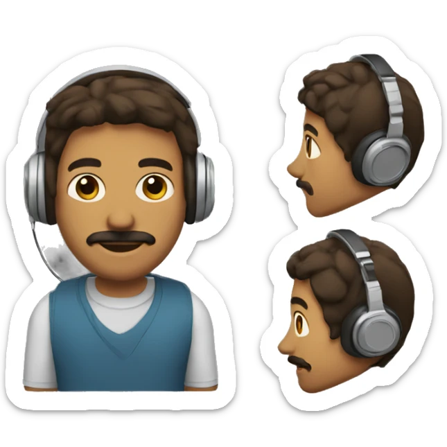 Make a brown man with mustache and with headphones and has mouth speaker and a computer and wearing a polo sticker