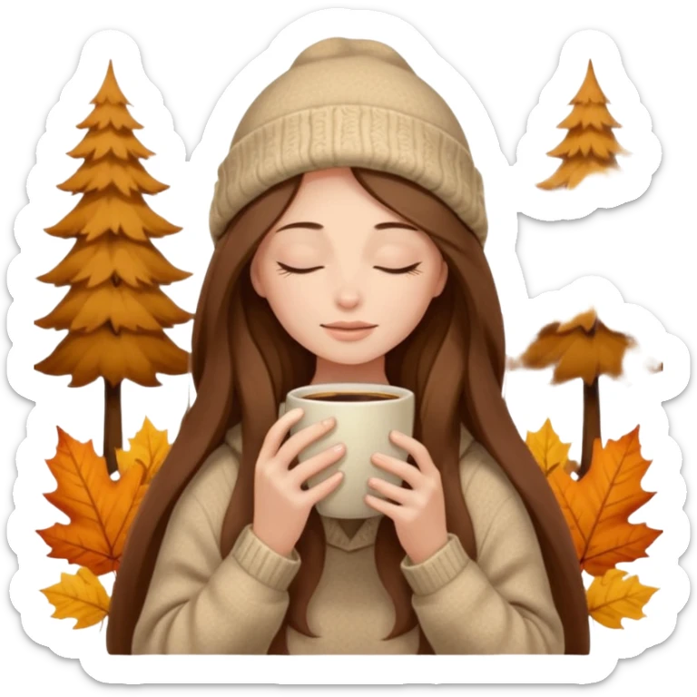 long brown hair woman closed eyes with beige blanket on her head, holding cup of coffee, autumn mood sticker