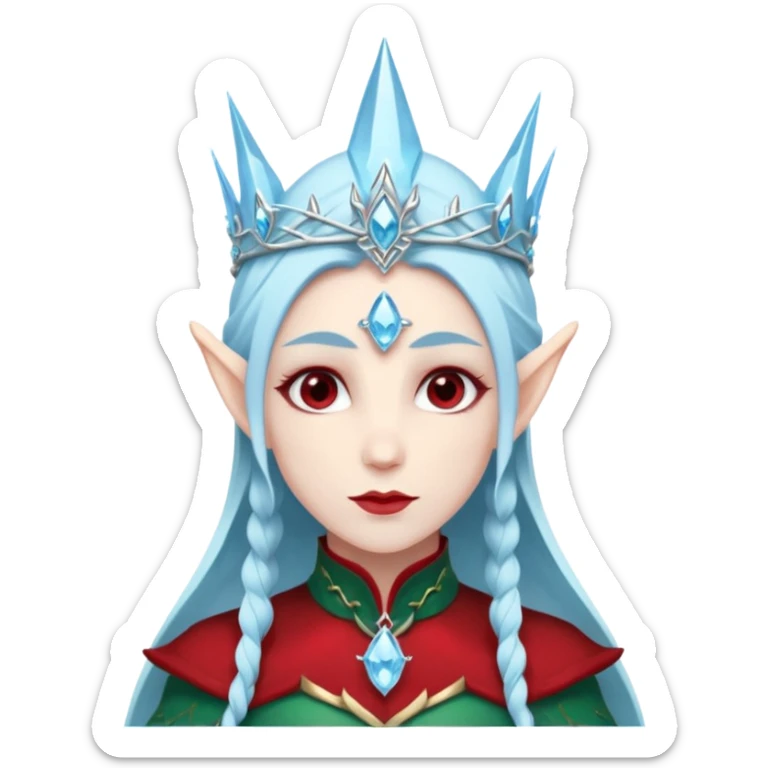 Fantasy elf portrait emoji, icy blue crystal crown with deep red accents, elegant elven features, cold noble winter expression, ice and crimson color palette, minimal clean design, flat readable emoji style, male/female variant sticker