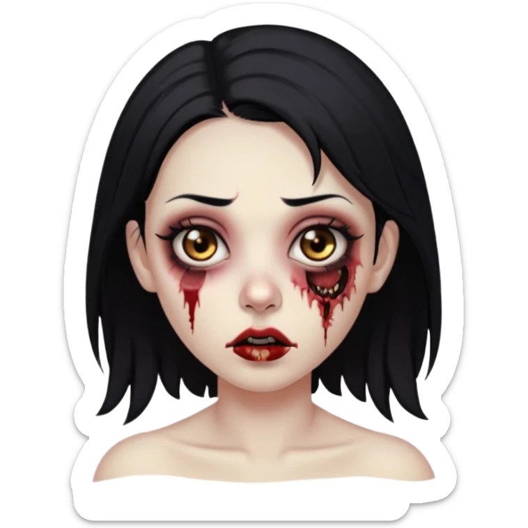Make an emoji of a zombie woman with black hair, almond-shaped brown eyes and a labret piercing on her left lip. sticker