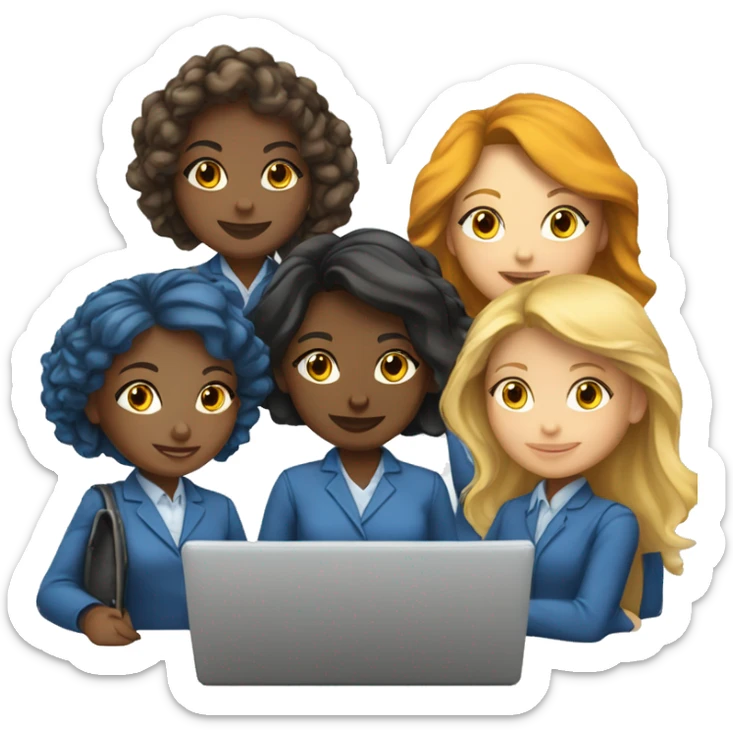 team of 6 white race girls with laptops of Learning and Development in company sticker