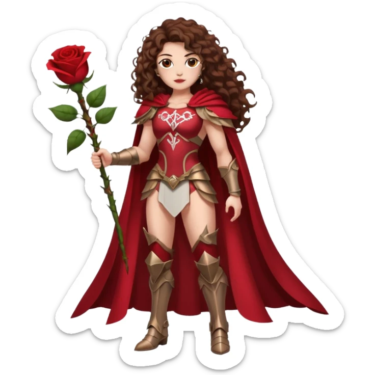 full body woman long curly brown hair brown eyes white skin tattoos muscular build rose thorn armor and petal cape sticker