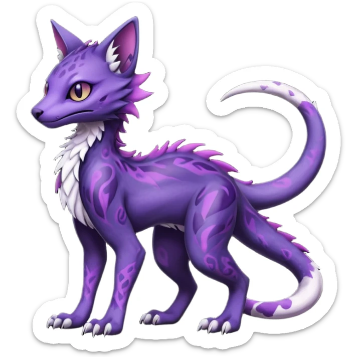 Kawaii dark black purplish blackish edgy fantasy ethereal feline-vernid-sergal-monster-fursona animal creature full body with intricate markings  sticker