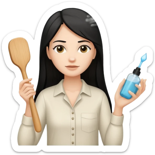 A white woman with long, straight black hair, wearing an ivory-colored shirt, holding a small square wooden paddle hairbrush in her left hand and spraying a hair mist bottle with her right hand toward her hair. sticker