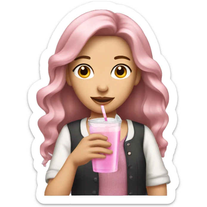  brunette girl with long hair and light pink hair bows and clothes holding a drink sticker