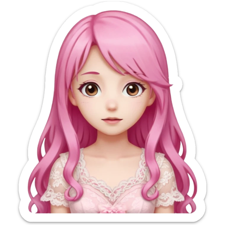 pastel anime woman with pink and white lace dress full body and long hair in a rose garden background sticker