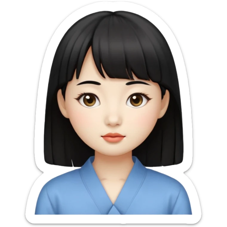 Clean Korean illustration-style emoji portrait of a young Korean woman, front-facing.
Smooth porcelain skin, soft shading, large round eyes, calm neutral expression.
Straight black bangs, black hair tied back, small nose and lips.
Round oval face, soft jawline.

 sticker
