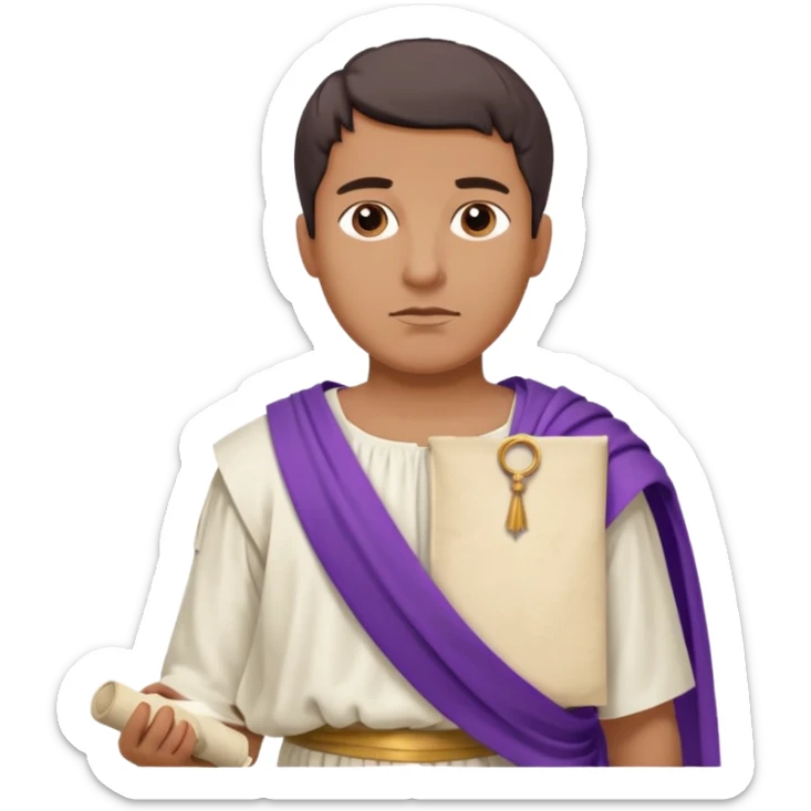 An emoji portrait of a Roman nobleman. He wears a white toga with a purple border. He has a serious, dignified expression and holds a scroll. sticker
