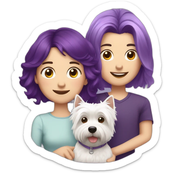 Family picture woman with purple hair, aduld son with dark brown hair and cute West Highland White Terrier sticker